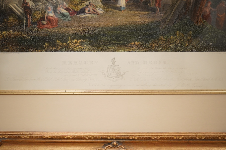 After JMW Turner (1775-1851), two coloured engravings comprising ‘Mercury and Herse’ and ‘Crossing the Brook’, ornate gilt framed, 54 x 39cm. Condition - good